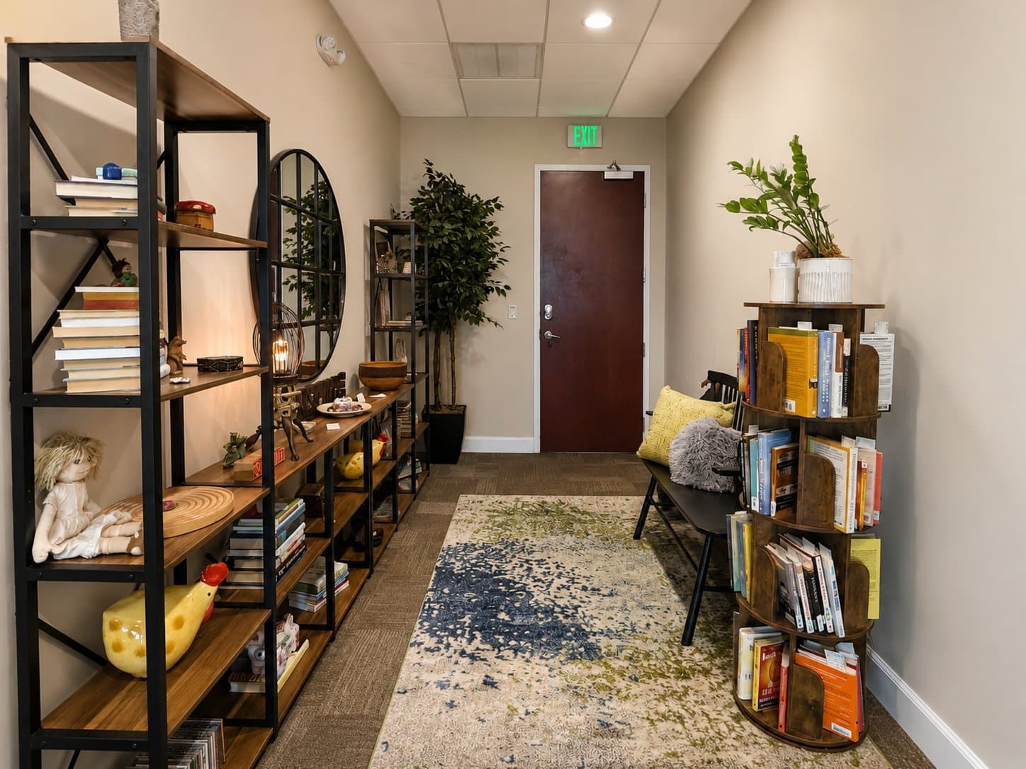 Welcoming entry hallway with bookshelves at Delray Beach Counseling