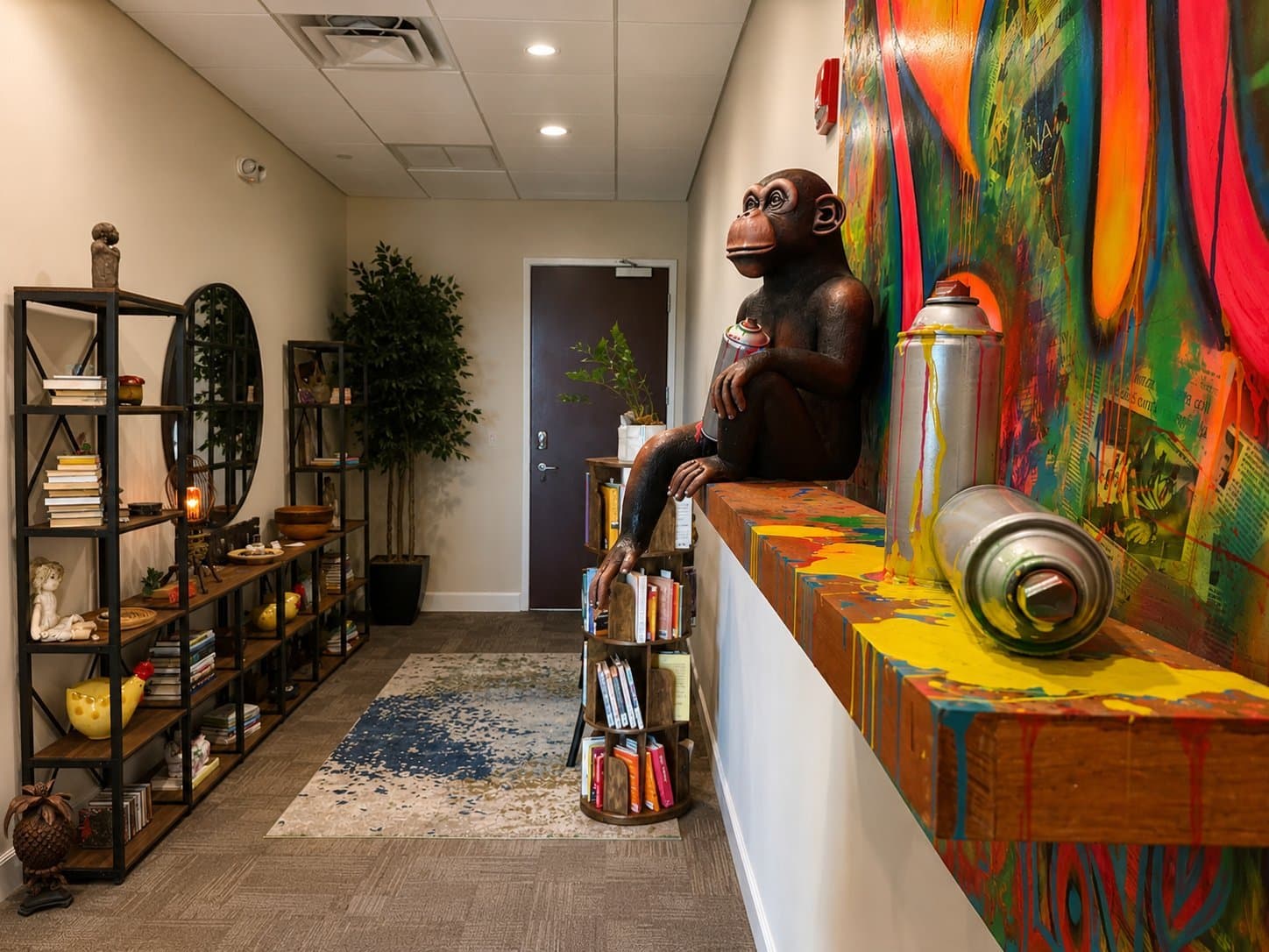 Playful graffiti art installation with a monkey sculpture in the office hallway