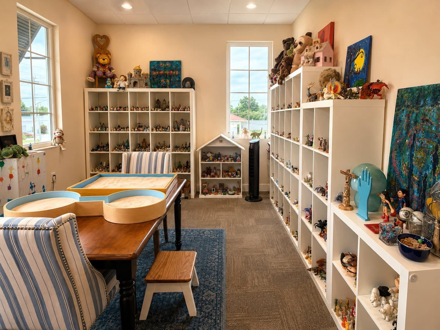 Play therapy room with sand trays and shelves of miniatures