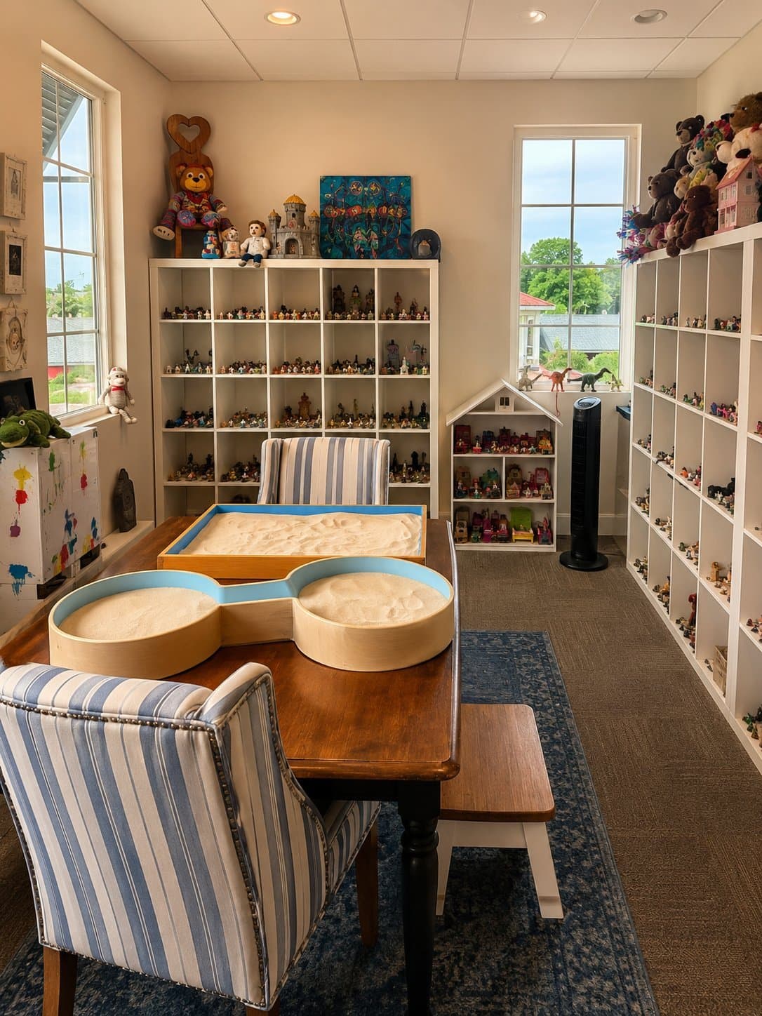 Sand trays on a wooden table in the play therapy room, surrounded by miniature figures