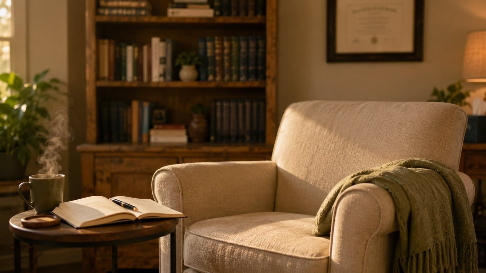 Dr. Mindy Parsons' counseling office in downtown Delray Beach, Florida, featuring warm natural light and inviting seating