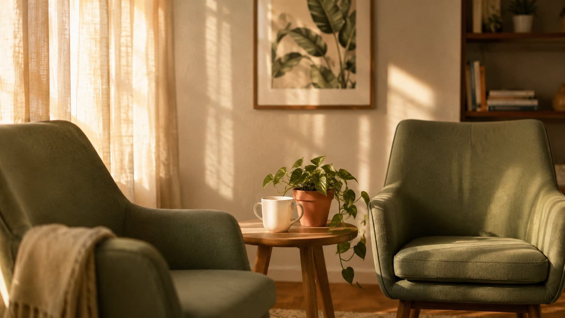 Calm, sunlit therapy office in Delray Beach, Florida, with comfortable seating arranged for couples and family sessions