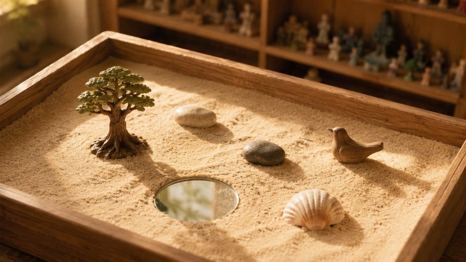 Sand tray therapy setup with small figurines arranged on smooth white sand